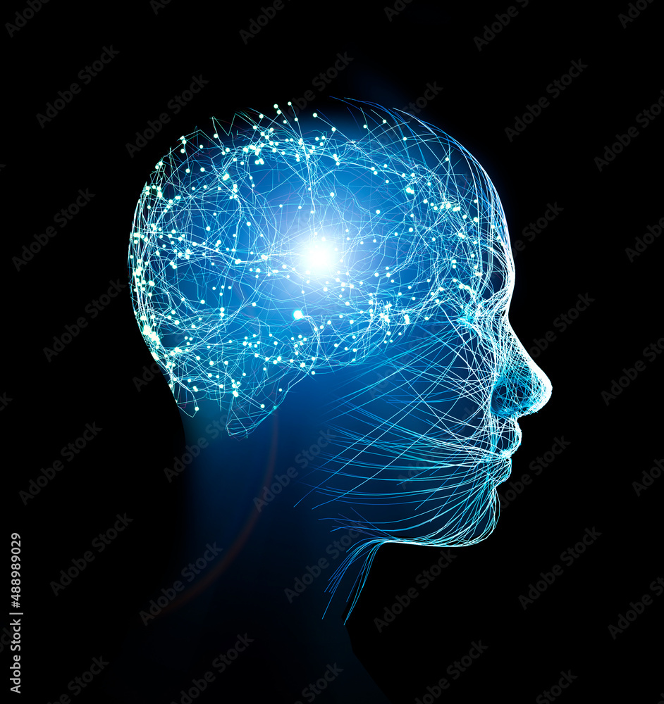 Obraz premium Stimuli and emotions, feelings that pervade the body. Impulses, neurons and synapses. Face profile view. Artificial intelligence. Alignment of the chakras. Trigger points. 3d rendering 