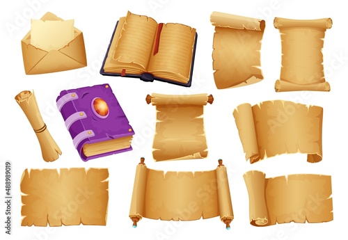 Cartoon ancient books and parchment scrolls, old papyrus rolls. Medieval manuscripts, blank paper scroll, magic wizard open book vector set. Illustration of antique old parchment