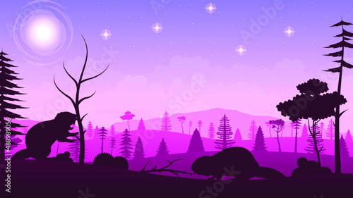 Abstract Gradient Pink Sky Color Forest Background With Tree And Beavers Vector Design Style Silhouette Nature Landscape