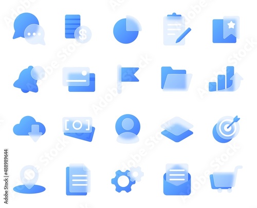 Glassmorphism business strategy icons, transparent blur glass effect icon. Finance management, money, digital marketing symbol vector set. Illustration of glass transparent icons
