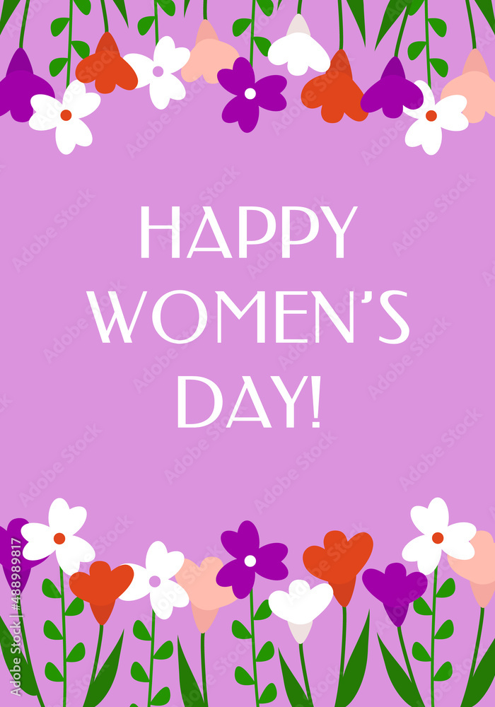 Cute and beautiful greeting card for March 8. Spring white, red, purple flowers on a violet background. Happy Women's Day. Vector illustration.