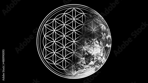 Flower of life symbol on black and white earth photo, HD background image, sacred ancient symbol wallpaper, esoteric geometry, the Earth's winter solstice. Elements of this image furnished by NASA