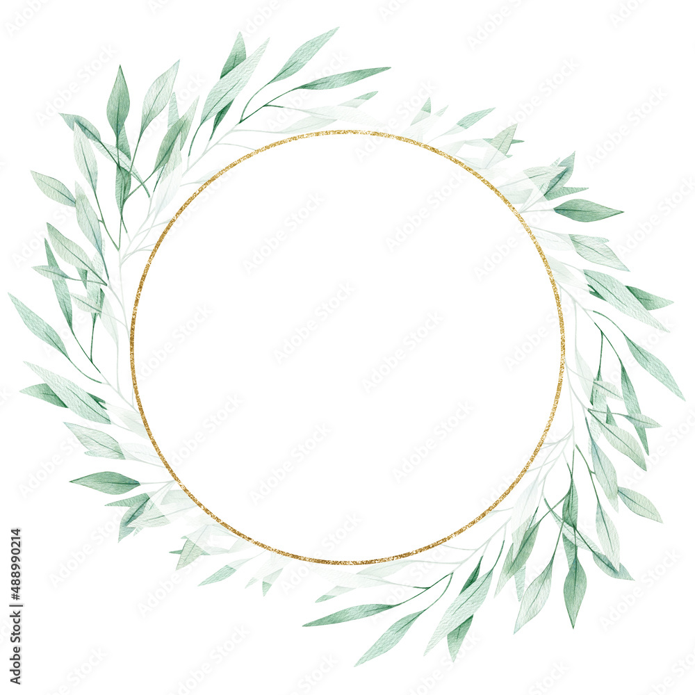 Watercolor illustration card green leaves branches and circle gold  frame. Isolated on white background. Hand drawn clipart. Perfect for card, postcard, tags, invitation, printing, wrapping.