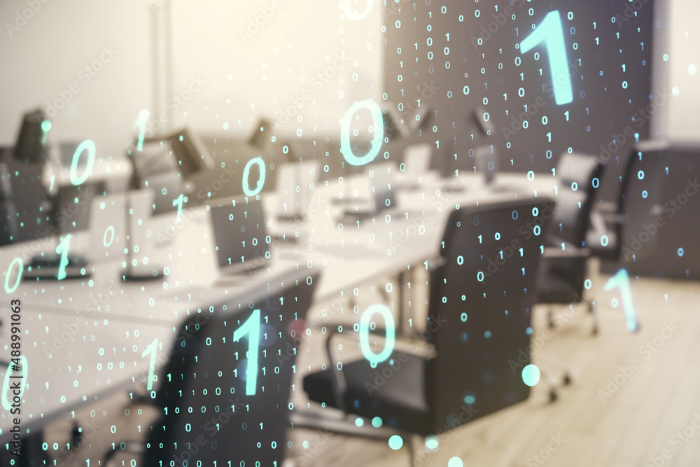 Abstract virtual binary code sketch on a modern furnished office ...