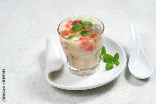 Es buah or sop buah-is an Indonesian iced fruit cocktail dessert. This cold and sweet beverage is made of diced fruits mixed with shaved ice or ice cubes, and sweetened with liquid sugar or syrup.