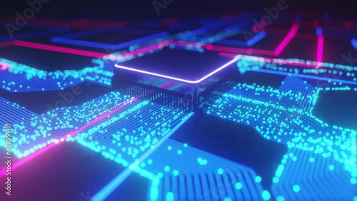 3d neon microchip city grid animation close spin photo