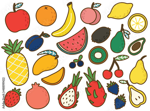 Fototapeta Naklejka Na Ścianę i Meble -  set of fruit cartoon vector icon illustration logo mascot hand drawn concept trandy cartoon	