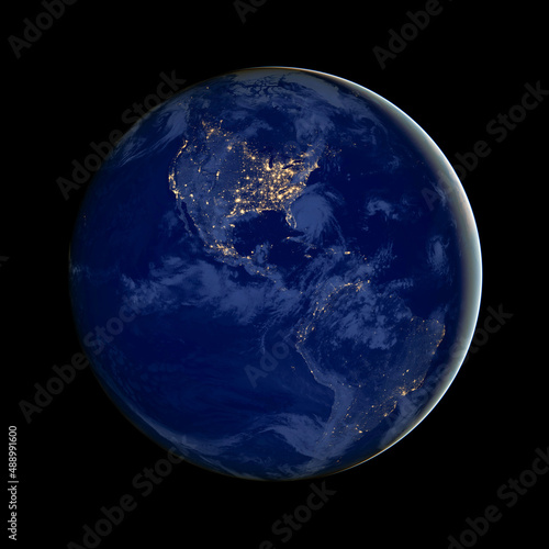 The image of North and South America at night  city lights  America in the darkness  earth photo at night with black background. Elements of this image furnished by NASA