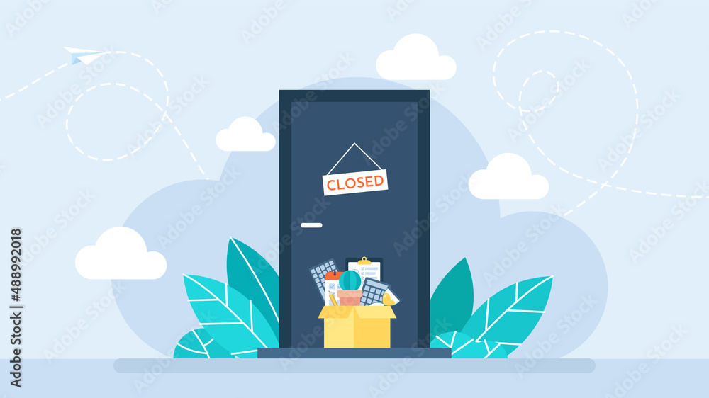 Firing from a job. A cardboard box full of office stuff. Door with the inscription Closed. Job cuts. Dismissal employee. Unemployment and Jobless concept. Flat style design. Business illustration - obrazy, fototapety, plakaty 