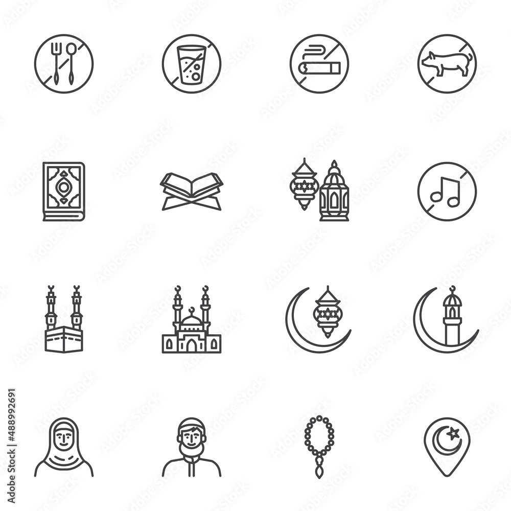 Muslims religion line icons set