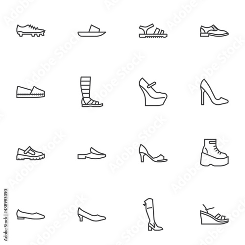 Womens shoes and footwear line icons set