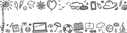 Hand drawn black holiday elements on white. Summer holidays. Freehand signs and symbols. Banner design. Black and white illustration