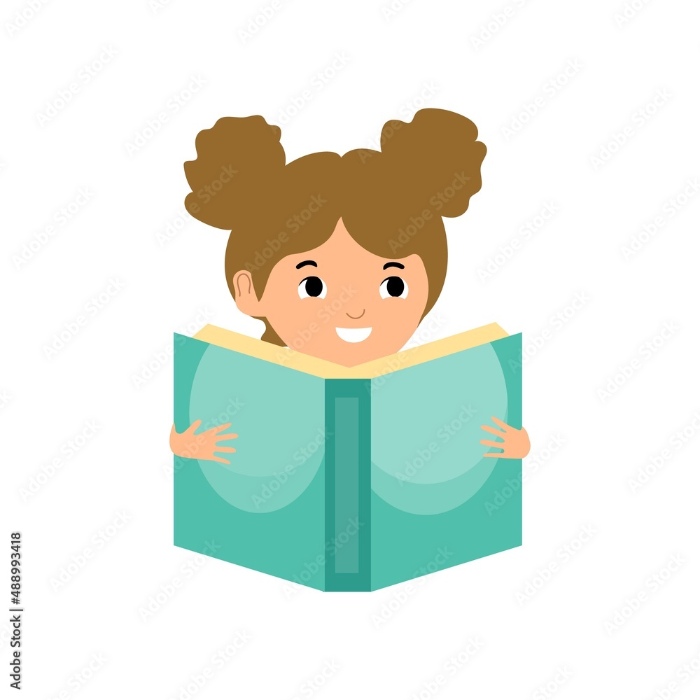 Cute smiling elementary school girl student holding an open book reading. Homeschooling home education illiteracy campaign banner