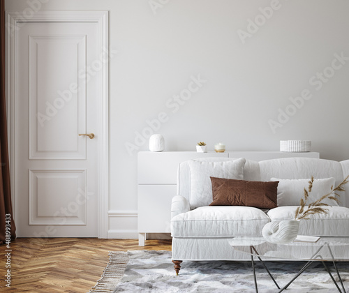 Modern living room interior background, wall mockup, 3d render