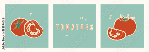 Set of stickers with red tomatoes. Cut the tomato in half, quarter and seeds. Diet healthy vegetarian food. Vector retro illustration for menu design, poster, postcard, print.