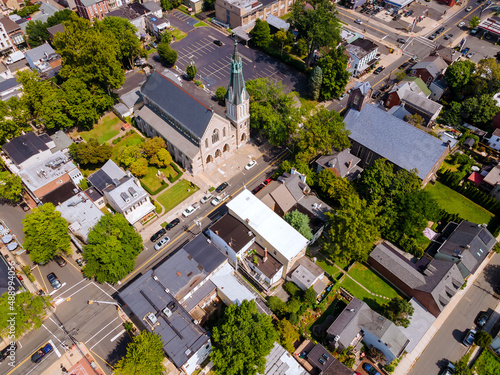 Panoramic view of a neighborhood in roofs of houses the historic small town Lambertville in New Jersey