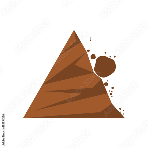 Beware of rockfall mountain hill landslide natural disaster warning sign brown icon flat vector design.