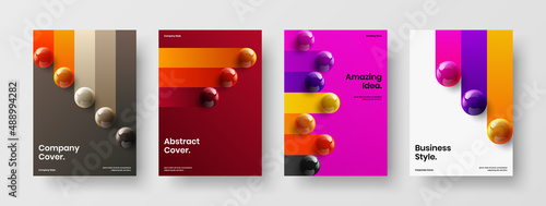 Bright booklet A4 design vector layout composition. Creative 3D balls journal cover illustration set.