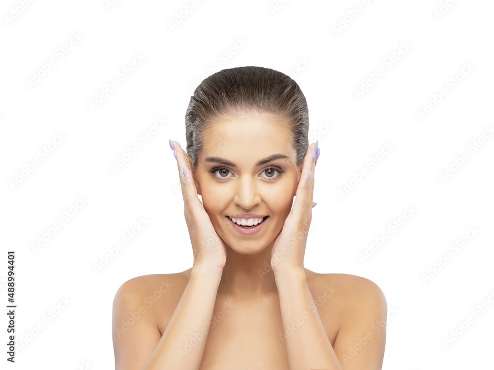 Studio portrait of a young, beautiful and healthy girl. Attractive female face isolated on white background. Studio portrait of a young, beautiful and healthy girl. Attractive female face isolated on white background.