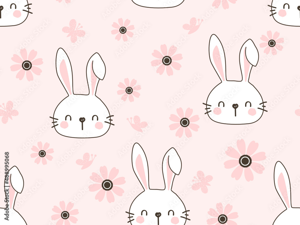 Seamless pattern with rabbit cartoons, butterfly and pink flower vector illustration.