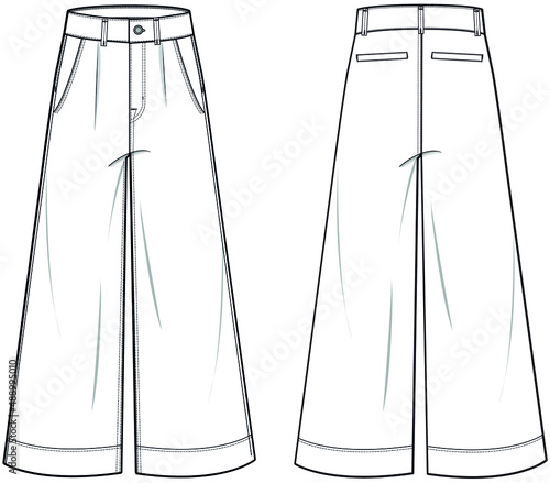 Women Wide Leg Denim, Flared denim, Jeans Front and Back View fashion illustration vector, CAD, technical drawing, flat drawing.
