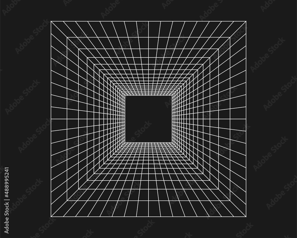 Fototapeta premium Cyber grid, retro punk perspective rectangular tunnel. Grid tunnel geometry on black background. Vector illustration