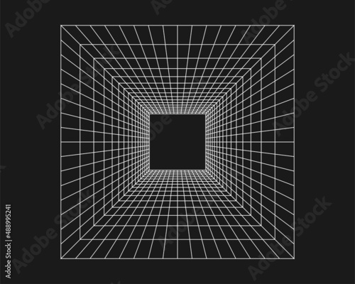 Cyber grid, retro punk perspective rectangular tunnel. Grid tunnel geometry on black background. Vector illustration