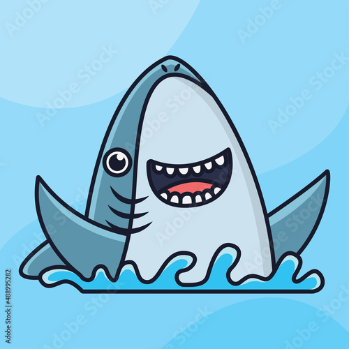 happy shark on the ocean cartoon vector icon illustration logo mascot hand drawn concept trandy cartoon	