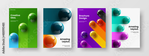 Abstract poster design vector concept set. Multicolored realistic spheres handbill layout collection.