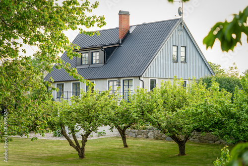 Image of beautiful garden with apple trees, flowers and scandinavian style summer house