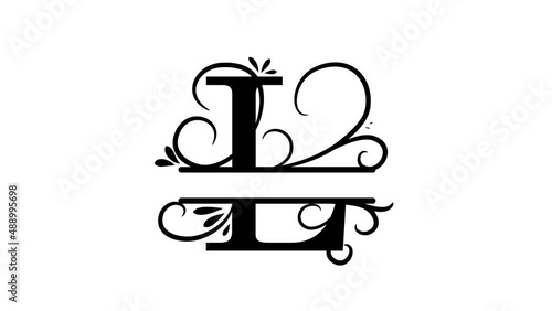 Letter L. Animated logo. Monogram, split letter L. Vintage style, twigs and leaves appear at logo. Letter on transparent background. You can insert a logo on any of your videos. Animated vector