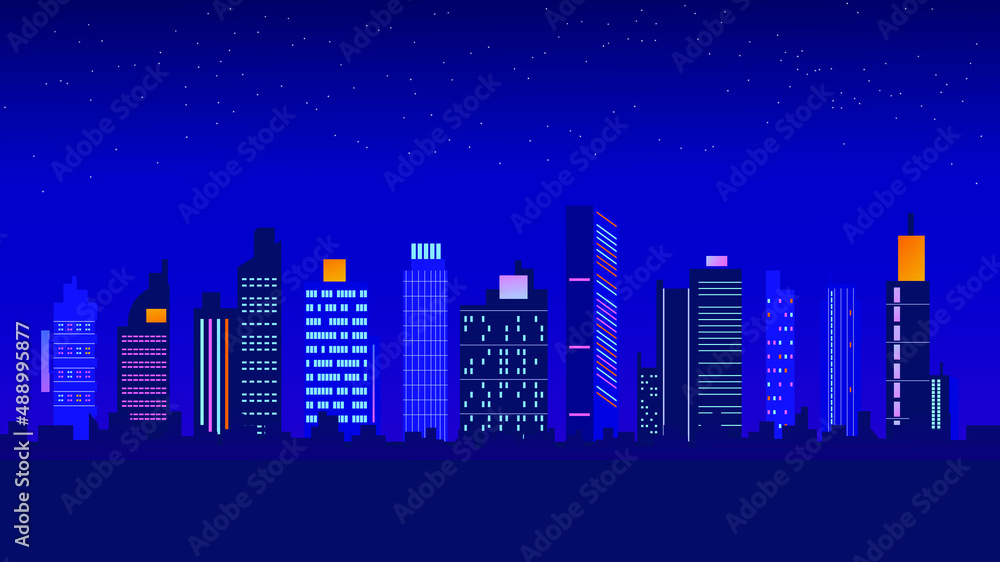 flat illustration of neon city building in night vector, skyscraper urban design background  