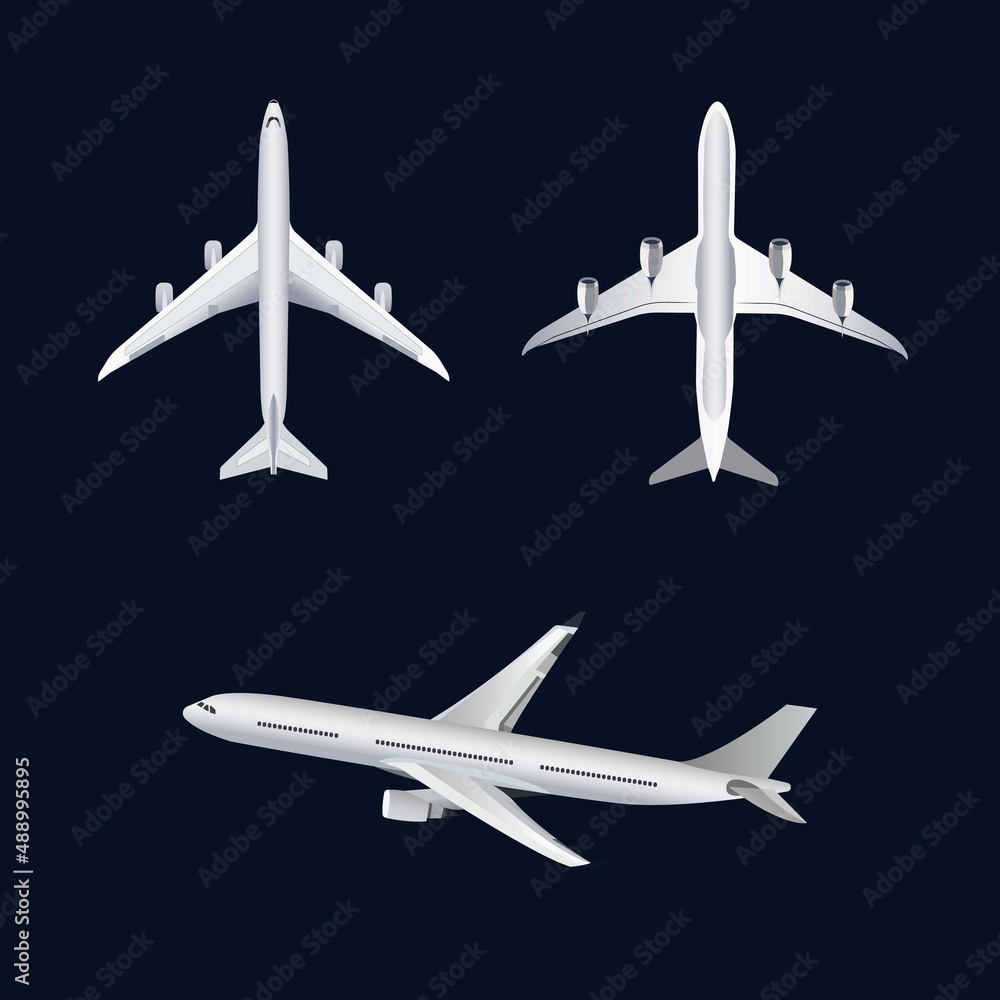 Three planes on a dark blue background, from three angles: top, bottom, side Three planes on a dark blue background, from three angles: top, bottom, side