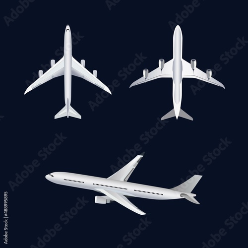 Fototapeta Naklejka Na Ścianę i Meble -  Three planes on a dark blue background, from three angles: top, bottom, side