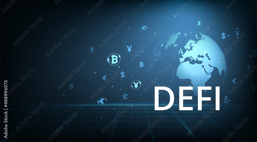 Decentralized finance(DeFi) concept design.Composition of cryptocurrency with digital asset vector on dark blue background.Futuristic decentralized financial system.3D illustration