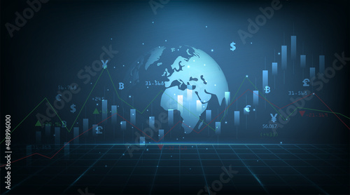 Business candle stick graph chart of stock market investment trading concept.world map and graph chart of stock market graphic diagram, digital technology, business idea and art work design.