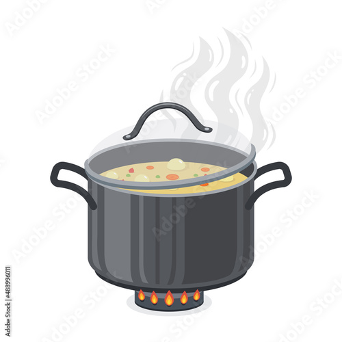 Boiling soup in pan with open lid. Vector illustration.