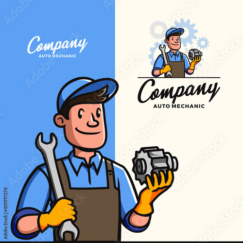 Retro Vintage Classic Auto Mechanic Mascot Logo Vector Icon Illustration