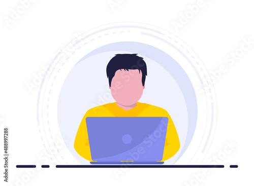 Young man freelancers working on laptop computer. Freelance job concept. Developing programming and coding technologies. Remote work, e-learning, home office, online career. Vector illustration