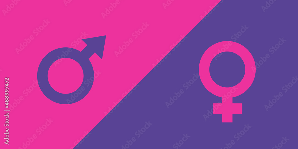 Male and female gender signs on purple and pink background. Relationship concept between men or boy and women or girl. Vector paper cut illustration Male and female gender signs on purple and pink background. Relationship concept between men or boy and women or girl. Vector paper cut illustration