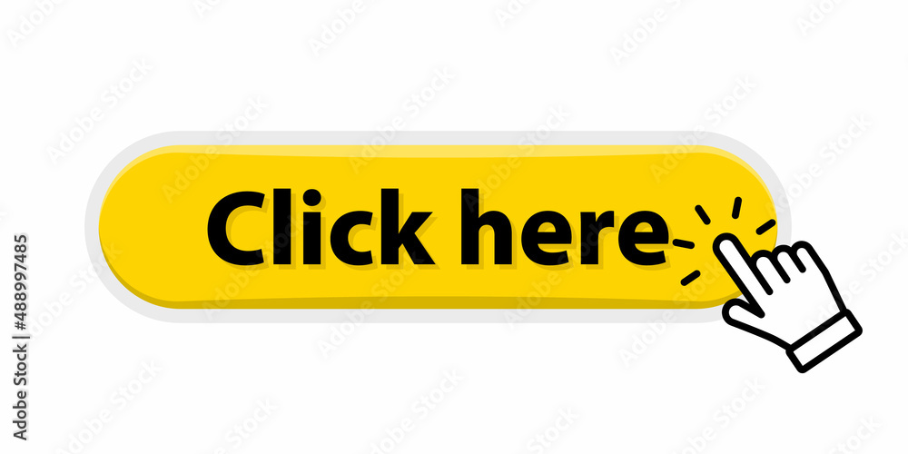 Click here button with hand pointer clicking. Modern click button with computer mouse cursor. Web button with action of hand pointer. UI button concept. Vector illustration Click here button with hand pointer clicking. Modern click button with computer mouse cursor. Web button with action of hand pointer. UI button concept. Vector illustration