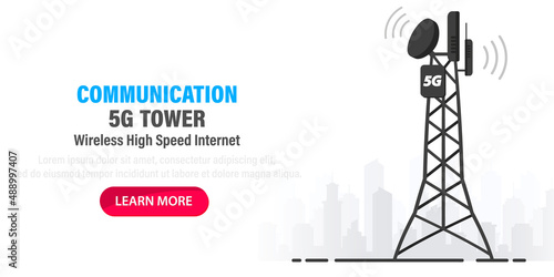 5G network technology. Communication tower wireless high speed internet. Base station, mobile data tower, cellular equipment, telecommunication antenna, signal. Concept of fastest internet in future