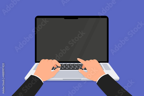 Laptop and hands on the keyboard. Hands typing on computer. Work with device, writing code, planning financial report, online education, conference, coding, watch video, chatting and communicating