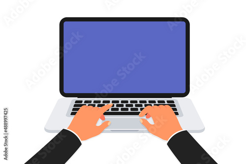 Laptop and hands on the keyboard. Hands typing on computer. Work with device, writing code, planning financial report, online education, conference, coding, watch video, chatting and communicating
