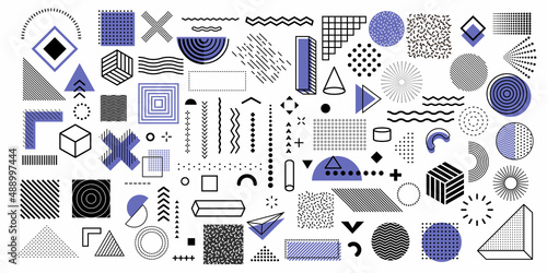 Set of abstract geometric shapes. Collection trendy halftone vector graphic elements. Design elements for magazine, billboard, sale, advertisement, banner, poster, leaflet. Memphis, retro elements