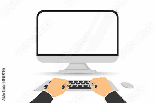 Hands typing on computer. Computer keyboard with blank monitor screen.Work in PC, writing code, planning financial report, online education, conference, coding, watch video, chatting and communication