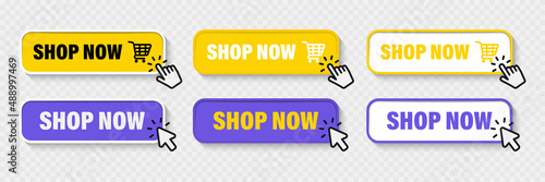 Buy now button with shopping cart. Shop now. Modern collection for web site. Online shopping. Click here, apply, buttons hand pointer clicking. Web design elements. Vector illustration