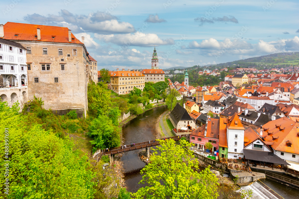 Cesky Krumlov cityscape with castle over old town, Czech Republic Cesky Krumlov cityscape with castle over old town, Czech Republic