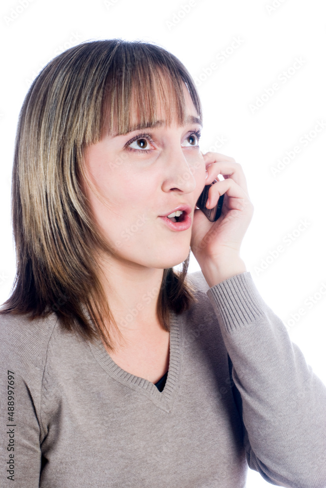 Talking woman by mobile over white Talking woman by mobile over white