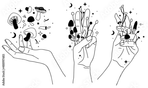 Mystical mushrooms. Hand drawn vector. Esoteric clipart